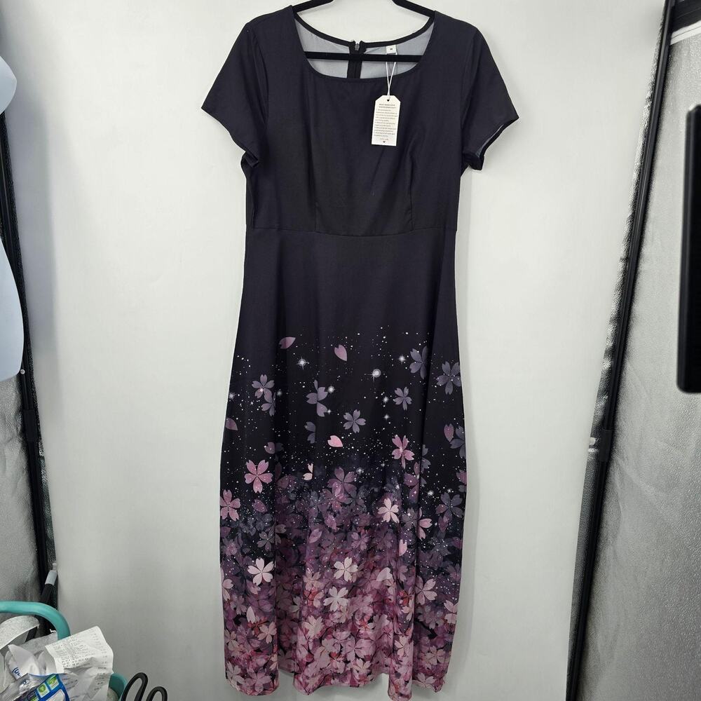 Made with Love Dress Medium Black Floral Maxi Short Sleeve Spring Summer - Picture 6 of 8